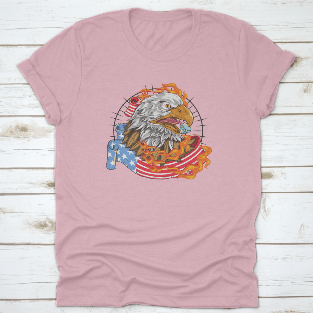 A stylish t-shirt featuring a flaming eagle with a diamond on its beak, showcasing a patriotic design.